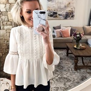 White peplum lace chiffon top